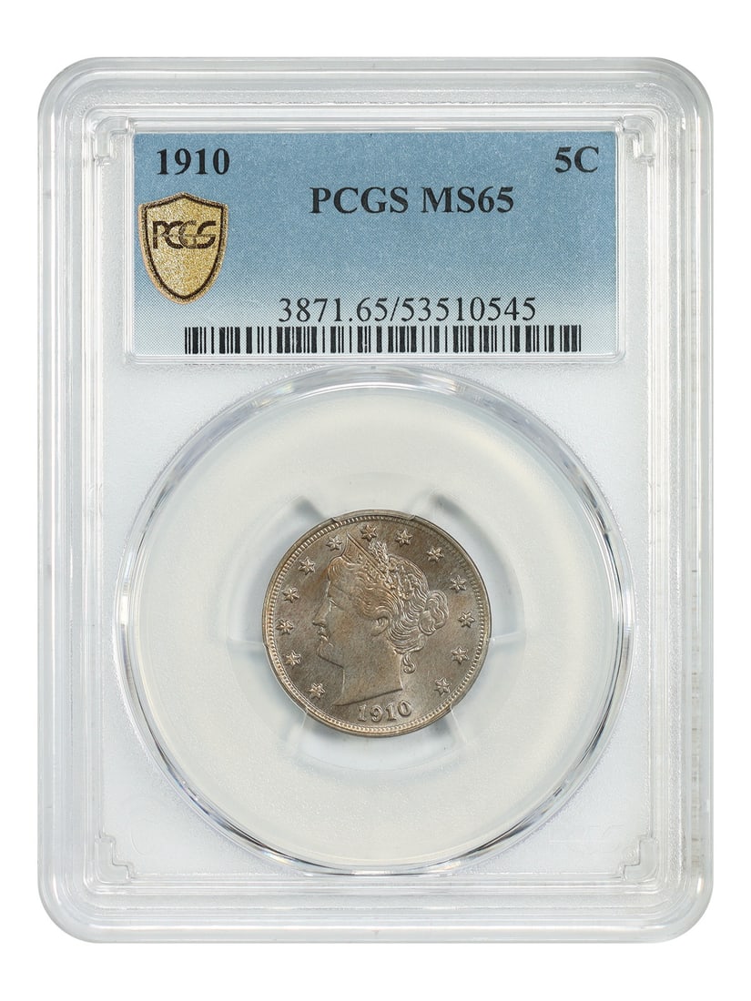 1910 Liberty Nickel Five Cent Coin Graded MS65 by PCGS (1 of 5)