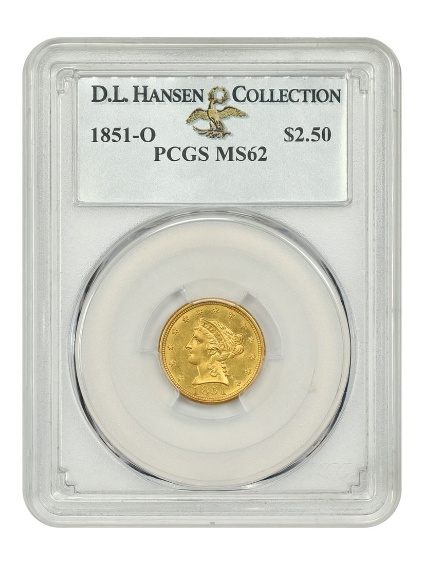 1851-O $2.50 Liberty Head Gold Coin PCGS MS62 Rare O-Mint Issue: 1851-O $2.50 Liberty Head Gold Coin PCGS MS62 Rare O-Mint Issue Presenting the 1851-O $2.50 Liberty Head gold coin, graded MS62 by PCGS. This uncirculated coin hails from the New Orleans Mint and is p