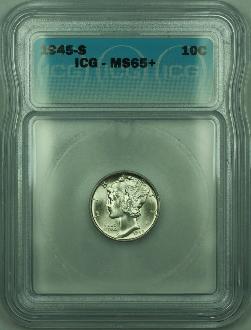 ICG MS-65 Plus 1945-S 10C Mercury Silver Dime from San Francisco: ICG MS-65 Plus 1945-S 10C Mercury Silver Dime from San Francisco This is a 1945-S Mercury Silver Dime from the United States, uncirculated and graded MS-65+ by ICG. The coin has a denomination of 10 c
