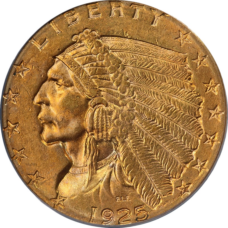 1925 Denver Mint Indian Quarter Eagle Gold Coin PCGS MS63: 1925 Denver Mint Indian Quarter Eagle Gold Coin PCGS MS63 This is an original 1925-D Indian Gold $2.50 coin graded MS63 by PCGS. The coin features impressive luster, strong strike, and attractive colo