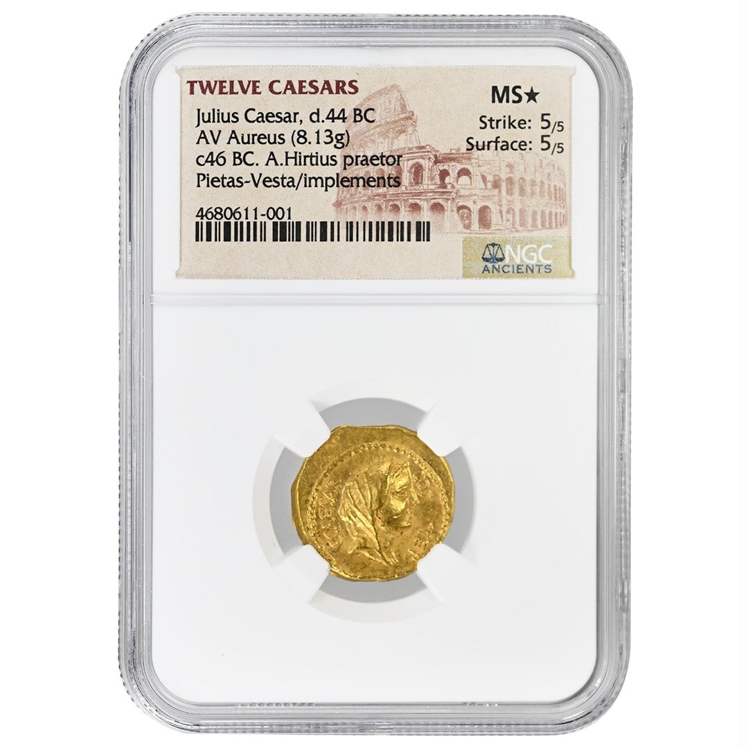 Julius Caesar Roman Gold Aureus 44 BC NGC Mint State Star Certified Coin: Julius Caesar Roman Gold Aureus 44 BC NGC Mint State Star Certified Coin This Roman Imperatorial AR Aureus dates to 44 BC and features Julius Caesar. Graded MS* by NGC with a perfect 5/5 for both surf