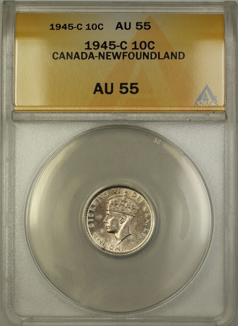 ANACS AU-55 1945-C Canada-Newfoundland Silver 10 Cent Coin: ANACS AU-55 1945-C Canada-Newfoundland Silver 10 Cent Coin This 1945-C Canada-Newfoundland 10 cents silver coin is certified by ANACS with a grade of AU-55. Composed of silver with a fineness of 0.8, 