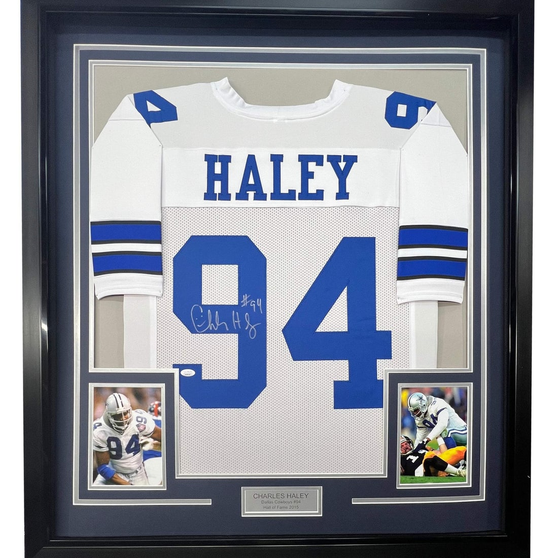 Dallas Cowboys Charles Haley Signed Framed Jersey 33x42 JSA Authenticated: Dallas Cowboys Charles Haley Signed Framed Jersey 33x42 JSA Authenticated This framed display features a Dallas Cowboys white jersey autographed by Charles Haley. The jersey is professionally framed a