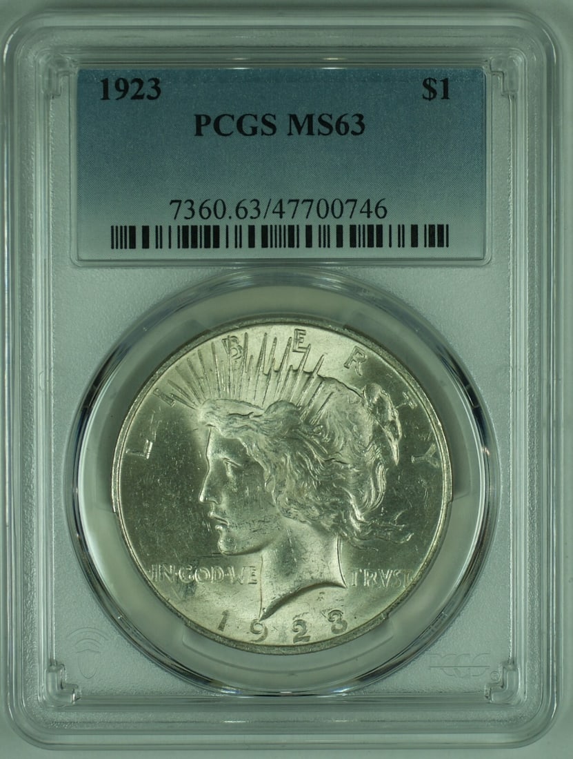 Four 1923 Peace Silver Dollar Coins PCGS Certified MS 63: Four 1923 Peace Silver Dollar Coins PCGS Certified MS 63 This 1923 Peace Silver $1 Dollar coin is certified by PCGS with a grade of MS 63. Struck in silver, this uncirculated coin originates from the 