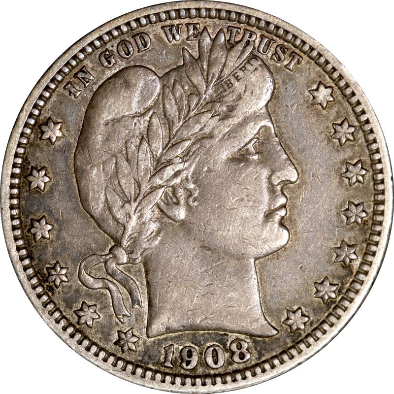 1908 Denver Mint Silver Barber 25 Cent Coin United States: 1908 Denver Mint Silver Barber 25 Cent Coin United States This is a 1908-D Barber Quarter from the United States, minted in Denver. The coin is composed of silver with a fineness of 0.9 and is in circ