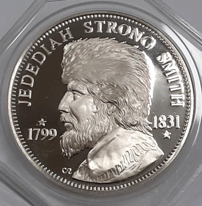 1977 .925 Silver Medal Commemorating J.S. Smith California Expedition: 1977 .925 Silver Medal Commemorating J.S. Smith California Expedition This 1977 Franklin Mint proof medal commemorates the 150th anniversary of Jebediah Strong Smith's first overland expedition to Cal