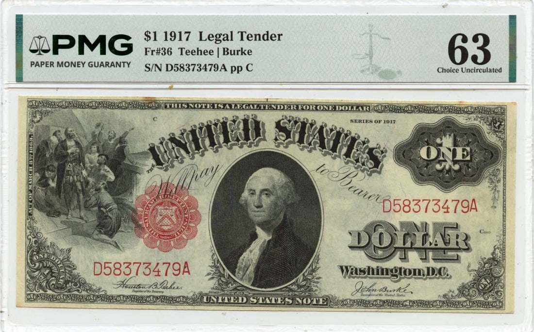 PMG MS63 1917 United States $1 Legal Tender Currency FR36: PMG MS63 1917 United States $1 Legal Tender Currency FR36 This is a 1917 $1 Legal Tender Note from the United States, certified by PMG with a grade of CU63. The note is uncirculated and has been profe
