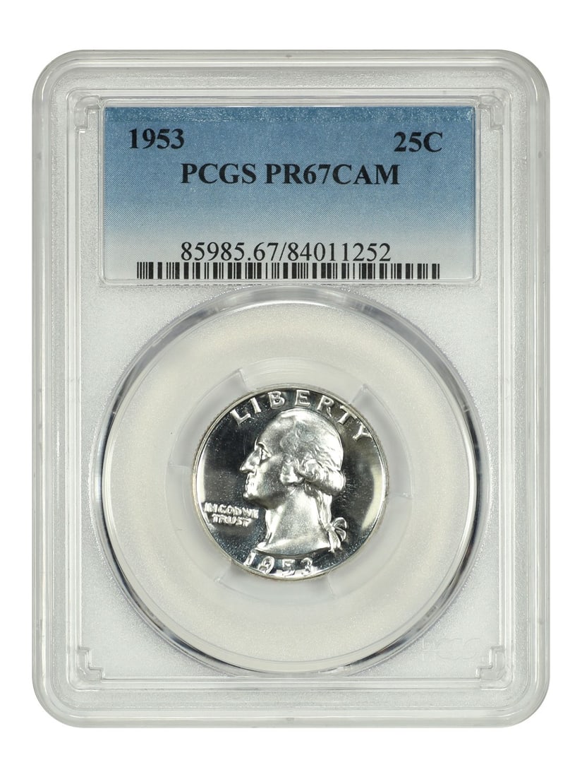 1953 Proof 25C Washington Quarter PCGS PR67CAM Philadelphia: 1953 Proof 25C Washington Quarter PCGS PR67CAM Philadelphia This 1953 Washington Quarter is a proof coin graded PR67CAM by PCGS, indicating a high level of preservation with cameo contrast. The coin w