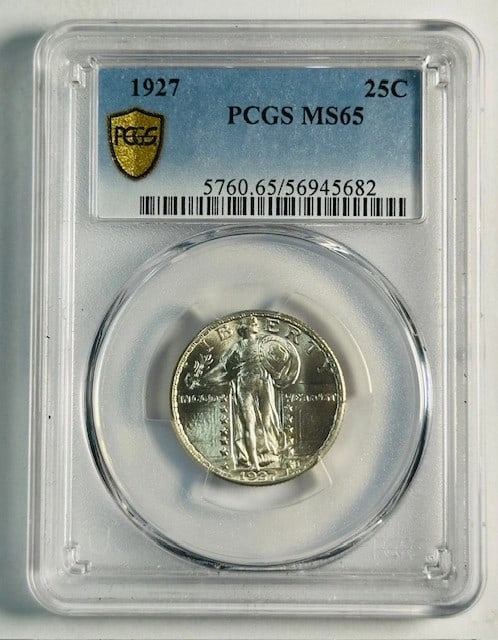 PCGS MS65 1927 Philadelphia Standing Liberty Silver Quarter Uncirculated: PCGS MS65 1927 Philadelphia Standing Liberty Silver Quarter Uncirculated This is a 1927 Standing Liberty Quarter from the Philadelphia Mint, certified by PCGS with a grade of MS-65. The coin is compos