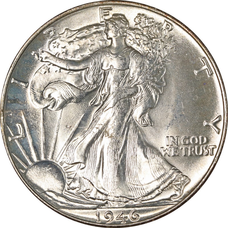 1946-P Walking Liberty Half Silver Coin Circulated: 1946-P Walking Liberty Half Silver Coin Circulated This 1946-P Walking Liberty Half showcases a beautiful design that is a tribute to American history. Made of silver with a fineness of 0.9, this coin