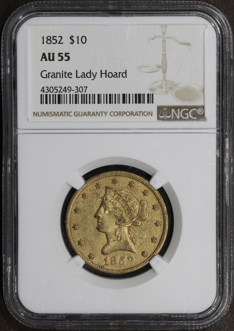 1852 $10 Gold Liberty Eagle AU55 NGC Certified Granite Lady Hoard: 1852 $10 Gold Liberty Eagle AU55 NGC Certified Granite Lady Hoard This 1852 Liberty Head Gold Eagle $10 coin is graded AU55 by NGC and originates from the Granite Lady Hoard. Struck at the Philadelphi