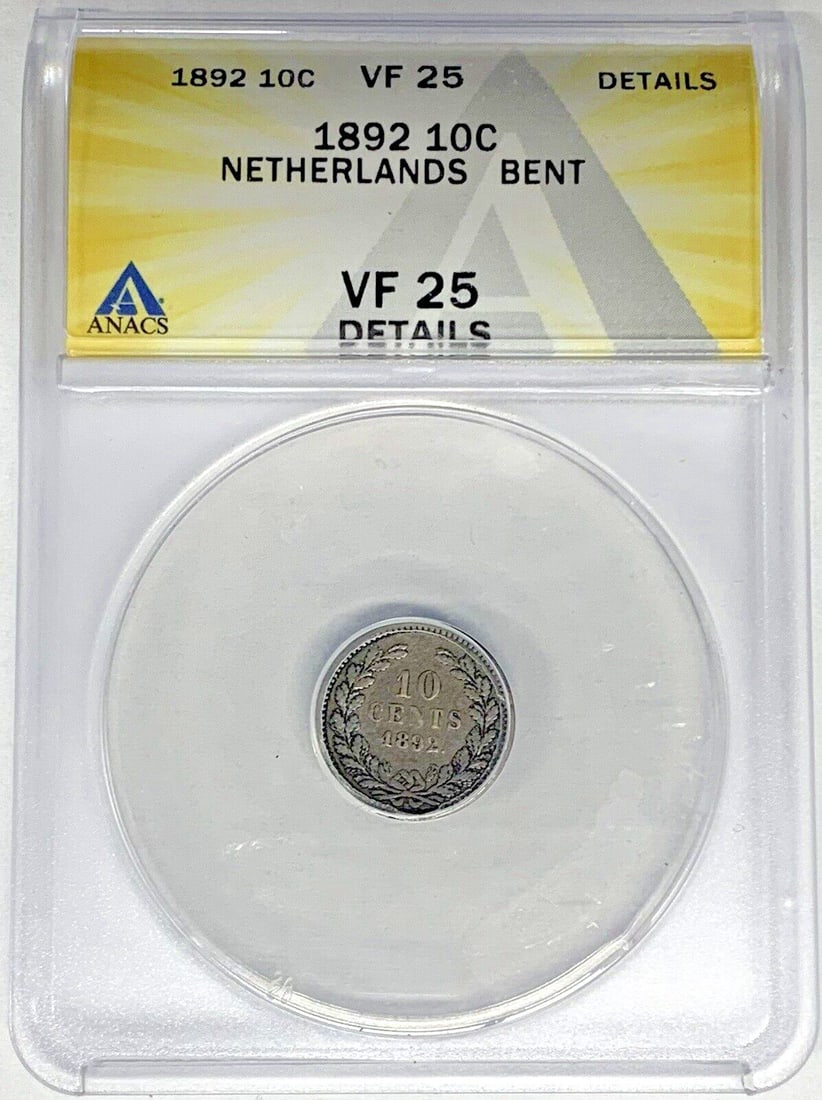 Netherlands 1892 Silver 10 Cent ANACS VF 25 Certified Bent Coin: Netherlands 1892 Silver 10 Cent ANACS VF 25 Certified Bent Coin This 1892 Netherlands 10 Cent coin is composed of silver and has been professionally graded as VF 25 by ANACS. The coin is circulated an