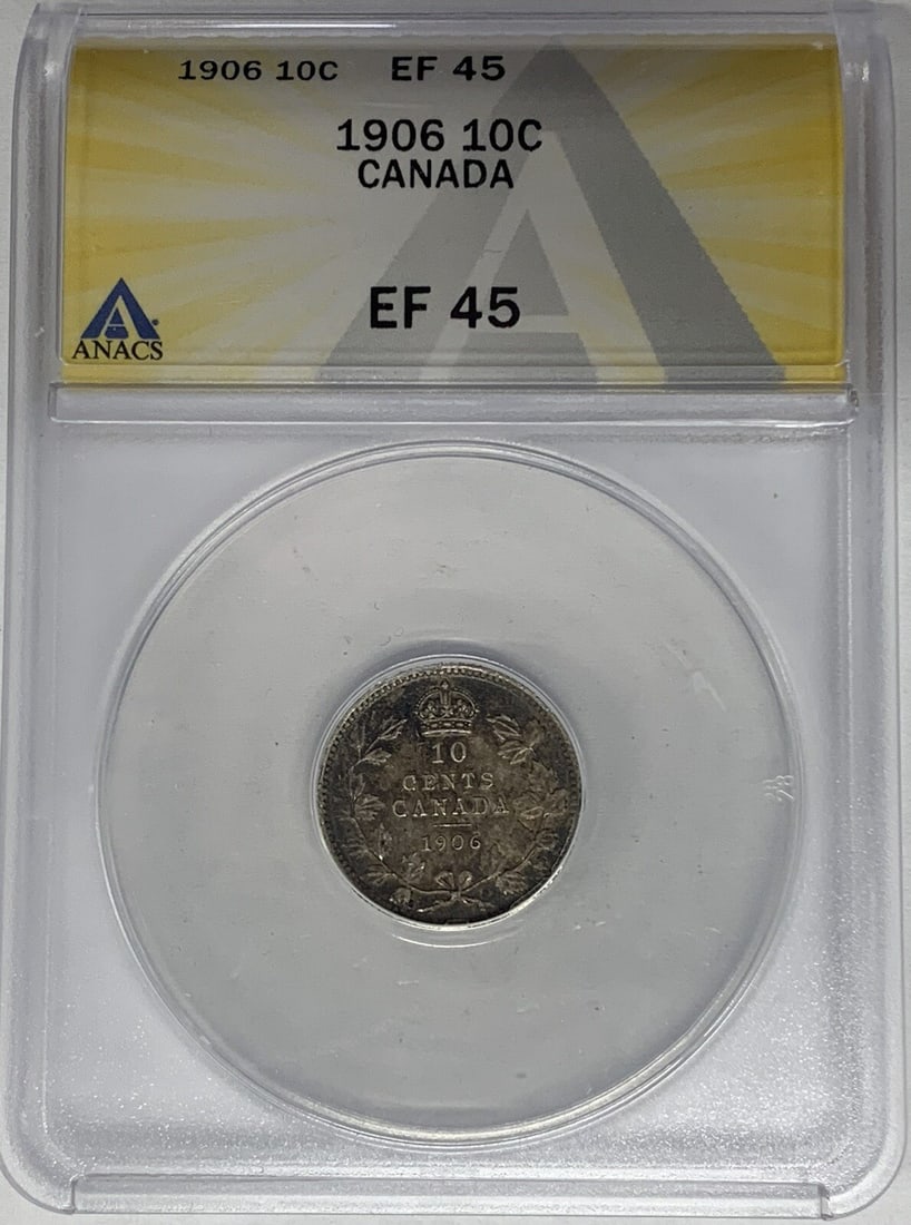 1906 Silver 10 Cent Canada Coin Graded XF 45 by ANACS: 1906 Silver 10 Cent Canada Coin Graded XF 45 by ANACS This 1906 Canada 10 cent coin is composed of silver and has been graded XF 45 by ANACS. It is a circulated, pre-owned collectible, offering a piec