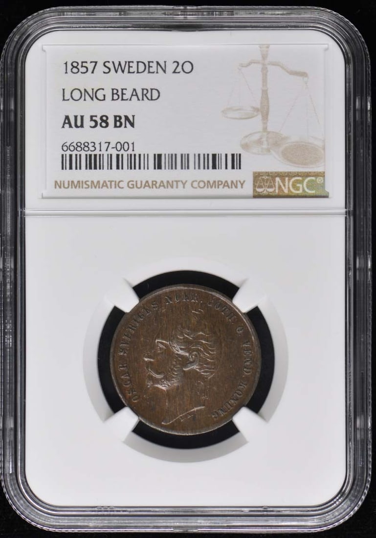 1857 Sweden Long Beard 2O Coin NGC AU58 Certified: 1857 Sweden Long Beard 2O Coin NGC AU58 Certified This 1857 Sweden Long Beard coin is a remarkable collectible item, certified by NGC with an AU58 grade. It showcases a beautiful balance of circulatio