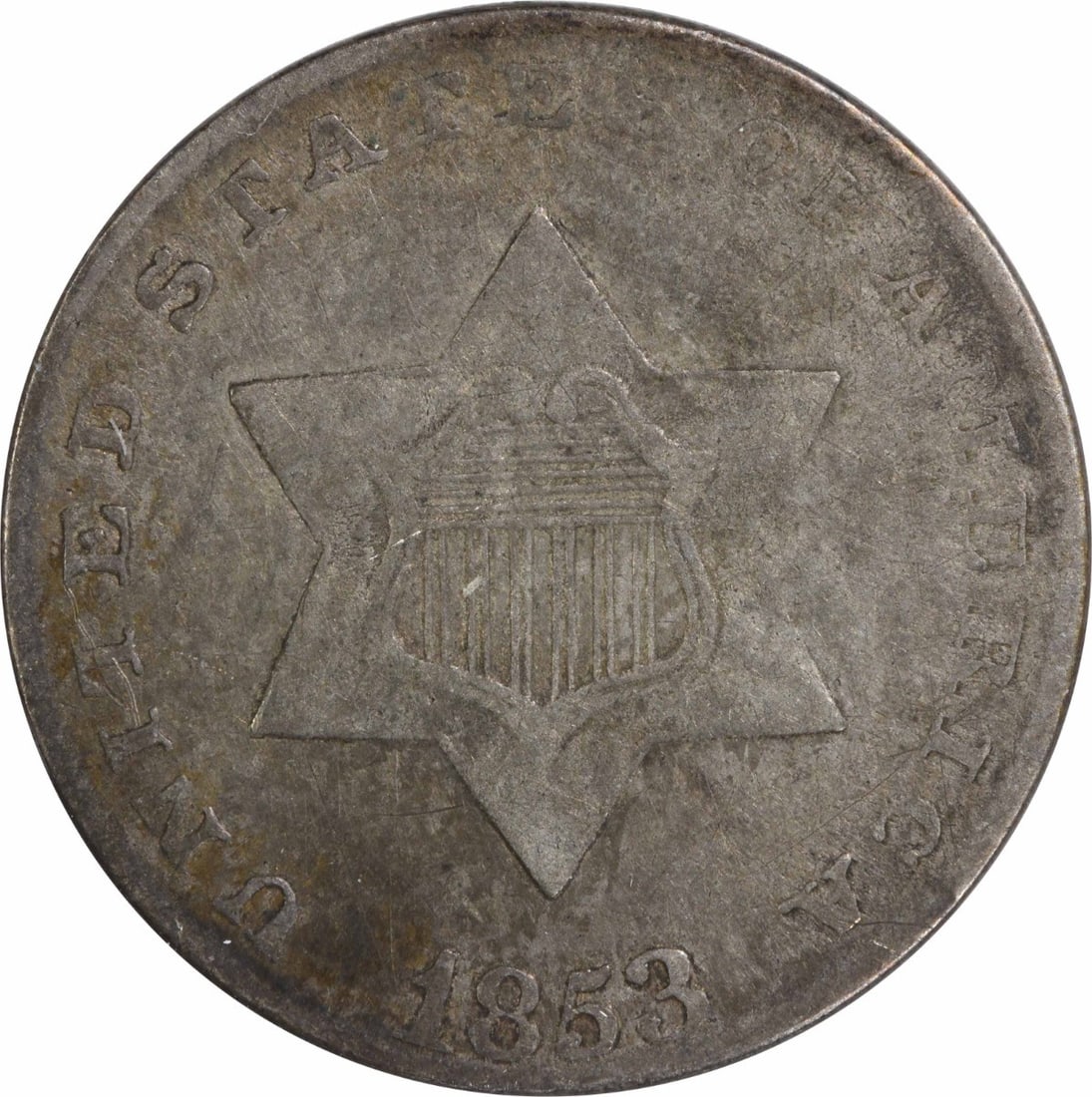 1853 Three Cent Silver Coin F Uncertified Philadelphia Mint: 1853 Three Cent Silver Coin F Uncertified Philadelphia Mint This 1853 Three Cent Silver coin is a notable piece of American numismatic history. Originating from the Philadelphia mint, this circulated 