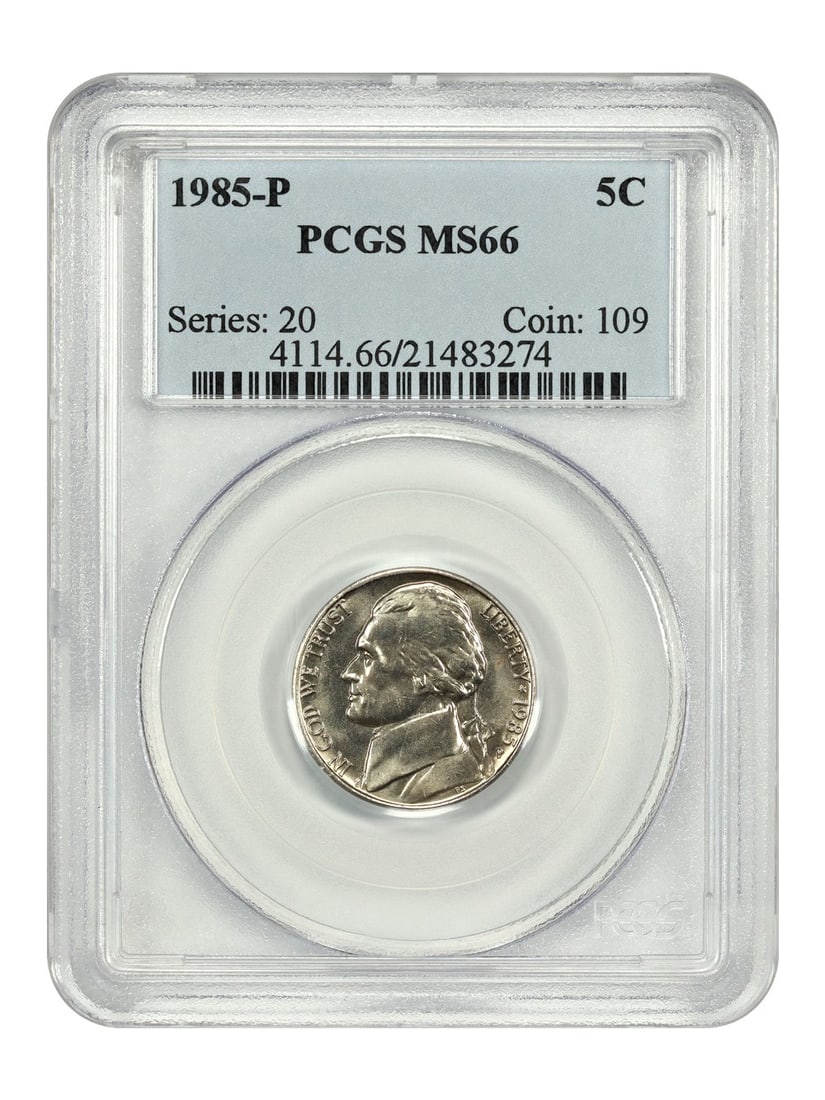 PCGS MS66 1985 Philadelphia Jefferson Nickel Five Cent Coin: PCGS MS66 1985 Philadelphia Jefferson Nickel Five Cent Coin This is a 1985-P Jefferson Nickel graded MS66 by PCGS. The coin is uncirculated and was minted in Philadelphia, featuring the five-cent deno
