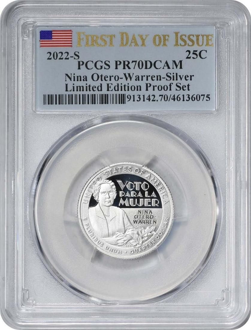 2022-S Nina Otero-Warren Washington Silver Quarter PR70DCAM PCGS Certified: 2022-S Nina Otero-Warren Washington Silver Quarter PR70DCAM PCGS Certified This 2022-S Nina Otero-Warren Washington Silver Quarter is a limited edition coin celebrating the 'America the Beautiful' ser