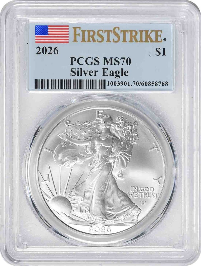 MS70 PCGS 2026 American Eagle Silver Dollar First Strike 1 oz: MS70 PCGS 2026 American Eagle Silver Dollar First Strike 1 oz This 2026 American Silver Eagle coin is certified by PCGS with a grade of MS70 First Strike. Composed of 1 oz of .999 fine silver, it was 