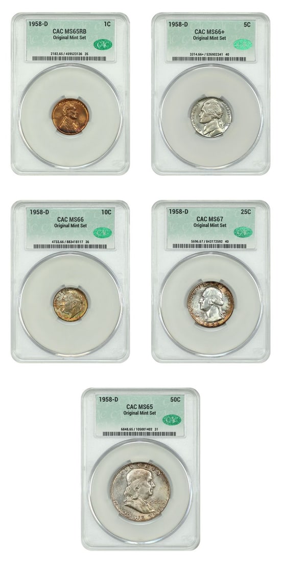 1958 Mint Set CACG MS65-67 Uncirculated Coins 1C Through 50C: 1958 Mint Set CACG MS65-67 Uncirculated Coins 1C Through 50C This is a 1958-D United States Mint Set, certified by CACG with grades ranging from MS65 to MS67. The set includes five uncirculated coins:
