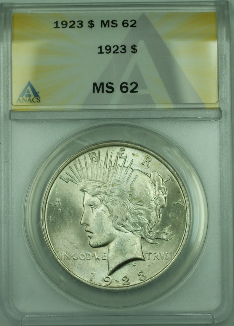 ANACS MS-62 1923 Peace Dollar Silver Uncirculated Philadelphia Mint: ANACS MS-62 1923 Peace Dollar Silver Uncirculated Philadelphia Mint This 1923 Peace Silver Dollar is a $1 coin from the United States, certified by ANACS with a grade of MS-62. Struck at the Philadelp
