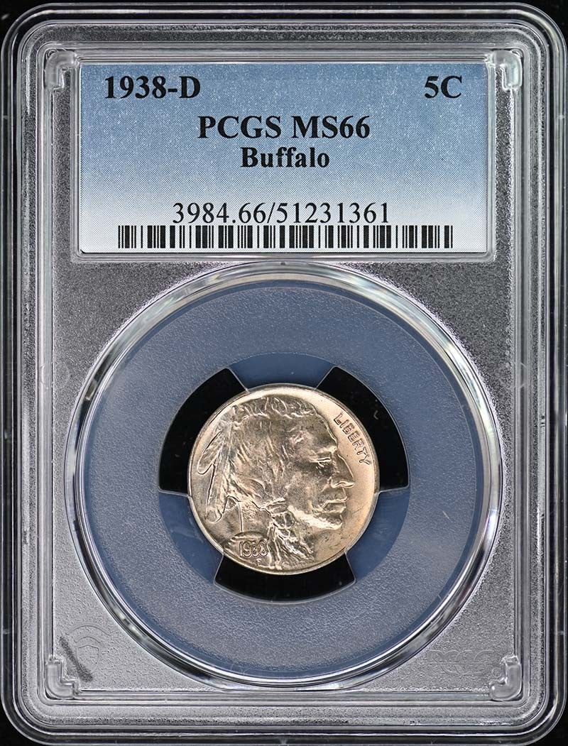 1938-D Buffalo Nickel PCGS MS66 Uncirculated Denver Mint: 1938-D Buffalo Nickel PCGS MS66 Uncirculated Denver Mint This 1938-D Buffalo Nickel is certified by PCGS with a grade of MS66, indicating it is in uncirculated condition. Minted in Denver, this nickel