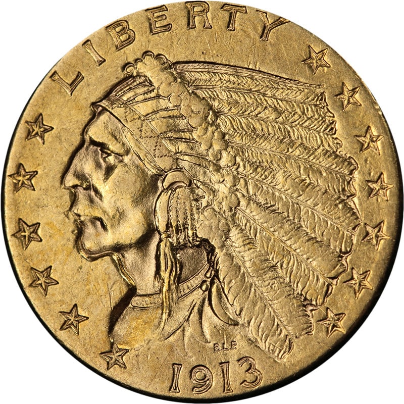 1913 Indian Head Gold Quarter Eagle Philadelphia AU BU Eye Appeal: 1913 Indian Head Gold Quarter Eagle Philadelphia AU BU Eye Appeal This 1913-P Indian Gold $2.50 coin features attractive luster, strong strike, and appealing color and surfaces. It is graded as AU/BU 