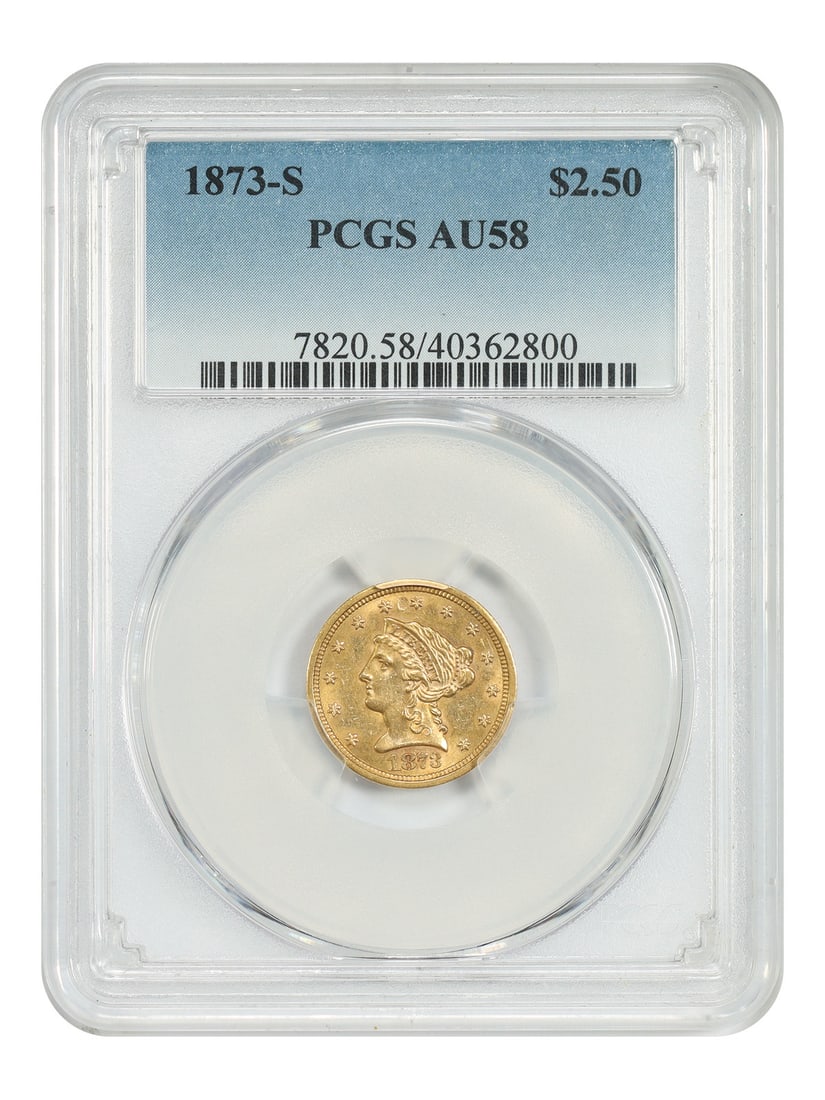 San Francisco 1873 Liberty Head $2.50 Gold Coin PCGS AU58: San Francisco 1873 Liberty Head $2.50 Gold Coin PCGS AU58 This 1873-S Liberty Head $2.50 gold coin is certified by PCGS with an AU58 grade, indicating it is circulated and in excellent condition. Stru