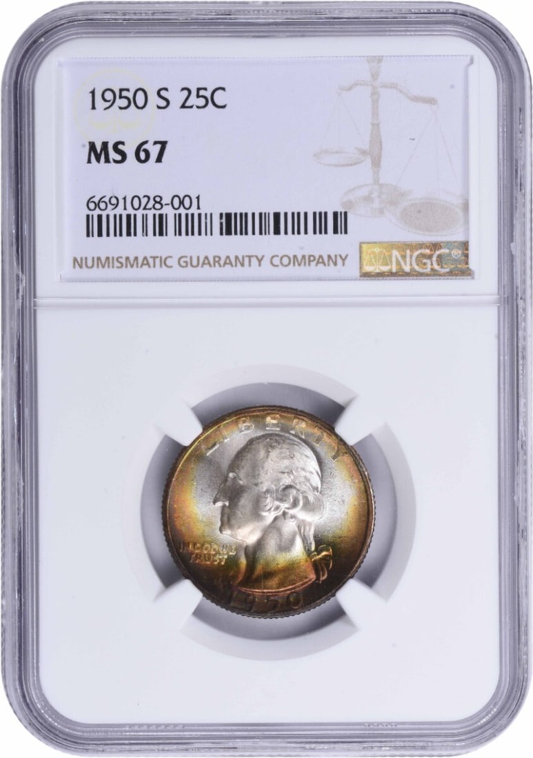 NGC MS67 1950-S Silver Washington Quarter Coin: NGC MS67 1950-S Silver Washington Quarter Coin This is a 1950-S Washington Quarter composed of silver, graded MS67 by NGC. It is an uncirculated coin minted in San Francisco and is pre-owned. The deno