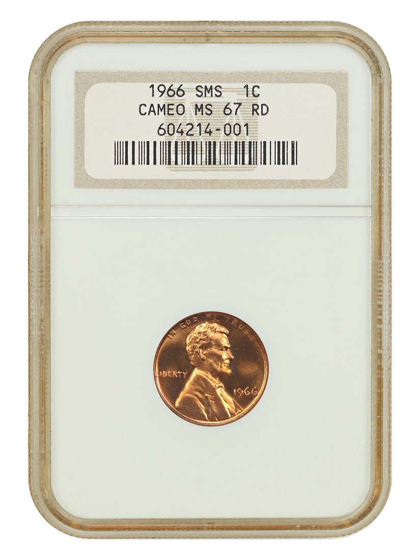 NGC MS67RD CAM 1966 Lincoln Cent Special Mint Set Philadelphia: NGC MS67RD CAM 1966 Lincoln Cent Special Mint Set Philadelphia This 1966 Lincoln Cent (Modern) is a 1 cent coin from the Special Mint Set, graded MS67RD CAM by NGC. The coin is uncirculated and featur