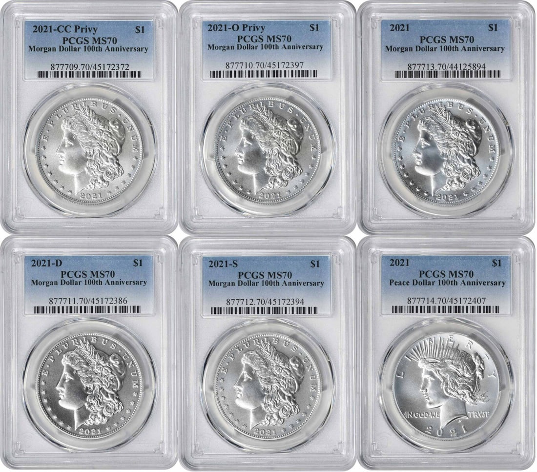 Six 2021 PCGS MS70 Morgan and Peace Silver Dollars Collector Set: Six 2021 PCGS MS70 Morgan and Peace Silver Dollars Collector Set This set includes six uncirculated 2021 Morgan and Peace Silver Dollars, each graded MS70 by PCGS. The coins are composed of silver and