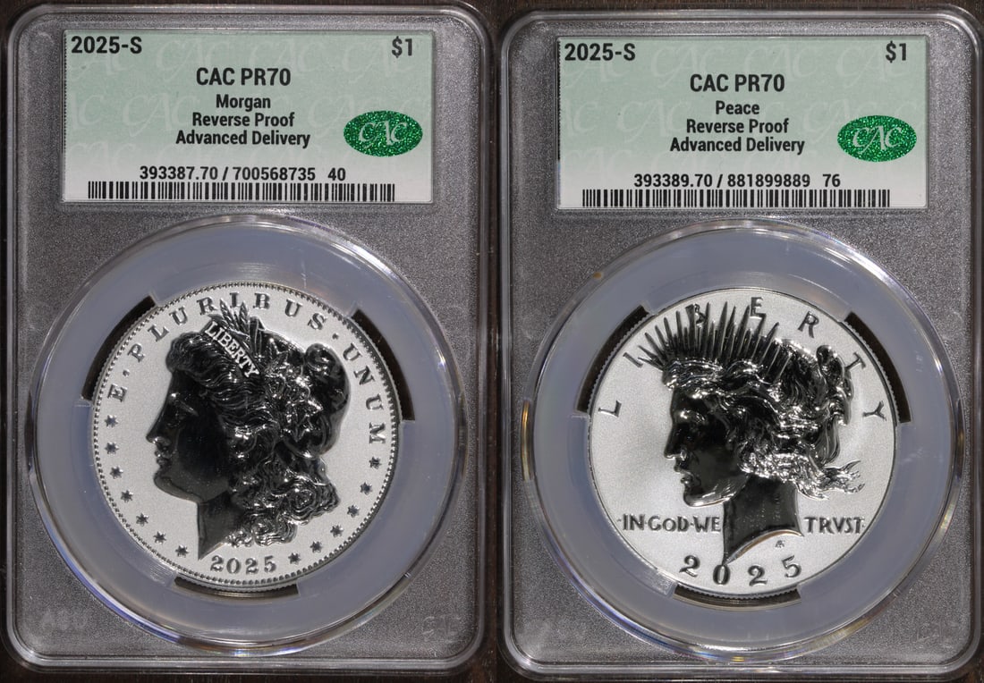 Reverse Proof 2025-S Morgan and Peace Dollar Silver Two Coin CACG Certified Set: Reverse Proof 2025-S Morgan and Peace Dollar Silver Two Coin CACG Certified Set This 2-coin set features the 2025 Morgan and Peace Dollar reverse proof coins, each certified PR70 by CACG. Both coins a