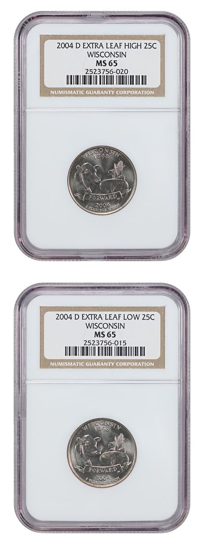 Wisconsin 2004-D Quarter Pair NGC MS65 Extra Leaf High and Low: Wisconsin 2004-D Quarter Pair NGC MS65 Extra Leaf High and Low This set features two 2004-D Wisconsin quarters from the Washington 50 States Quarters series, both graded MS65 by NGC. The set includes 