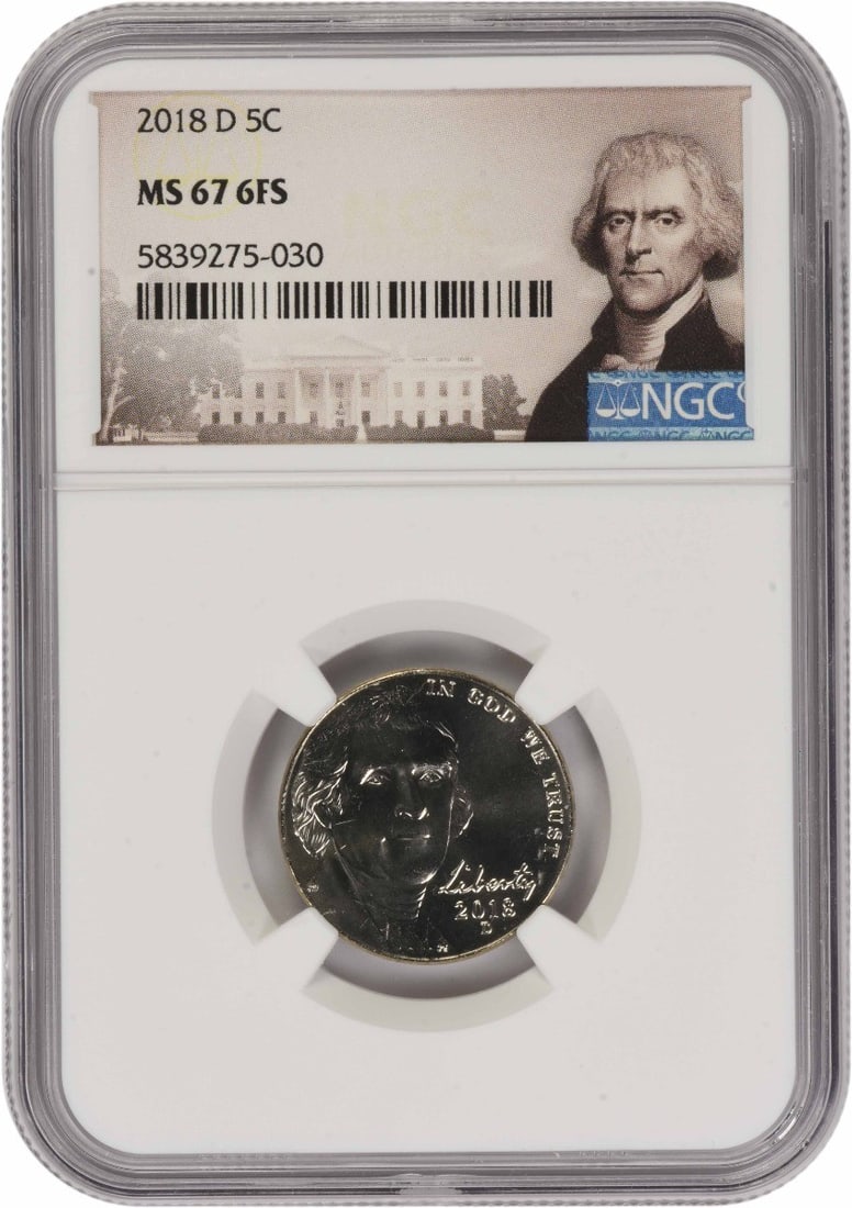 NGC MS67 6FS 2018 Denver Jefferson Five Cent Uncirculated Coin: NGC MS67 6FS 2018 Denver Jefferson Five Cent Uncirculated Coin This 2018-D Jefferson Nickel is certified MS67 with 6 Full Steps by NGC. Struck at the Denver Mint, it is composed of 75% copper and 25% 