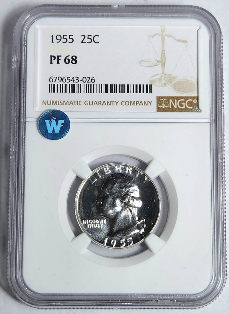 1955 P Washington Quarter NGC PF 68 Silver Proof Coin: 1955 P Washington Quarter NGC PF 68 Silver Proof Coin This 1955 P Washington Quarter is certified by NGC with a remarkable grade of PF 68, indicating its pristine condition as an uncirculated proof co