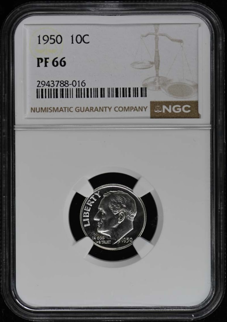 1950 Roosevelt Dime Silver NGC PR66 Uncirculated: 1950 Roosevelt Dime Silver NGC PR66 Uncirculated This 1950 Roosevelt Dime is a stunning piece of numismatic history, encapsulated in a protective NGC holder. Graded PR66, this uncirculated proof coin 