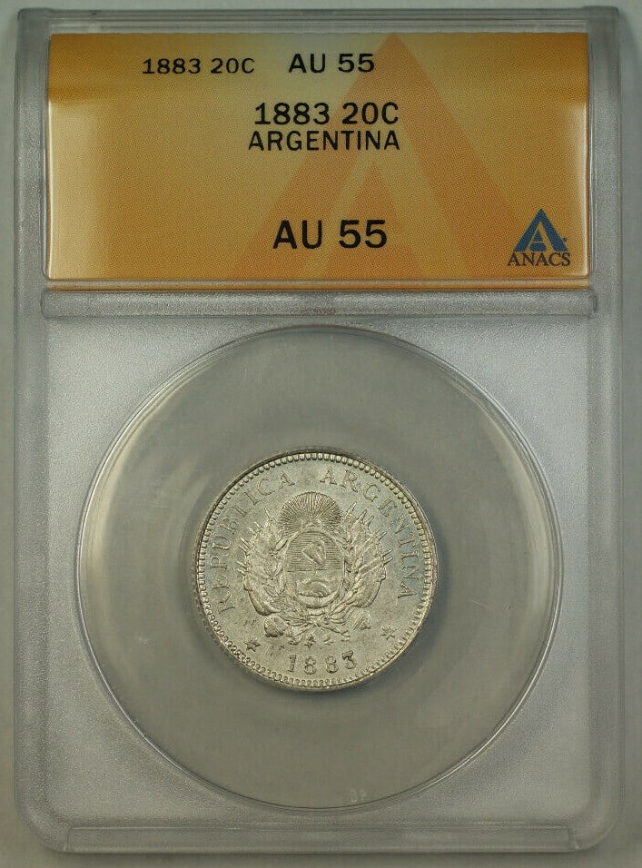 ANACS AU-55 1883 Argentina Silver 20 Centavos Coin: ANACS AU-55 1883 Argentina Silver 20 Centavos Coin This 1883 Argentina 20 Centavos silver coin is certified by ANACS with a grade of AU-55, indicating an attractive circulated example. Struck in 90% s