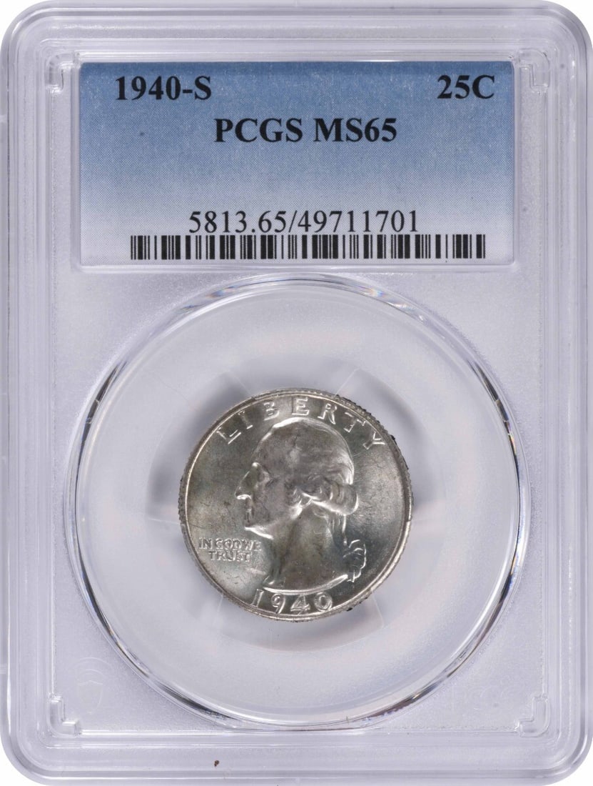 PCGS MS65 Silver 1940-S Washington Quarter Coin: PCGS MS65 Silver 1940-S Washington Quarter Coin This 1940-S Washington Quarter is composed of silver and graded MS65 by PCGS. Minted in San Francisco, this uncirculated coin is a pre-owned collectible