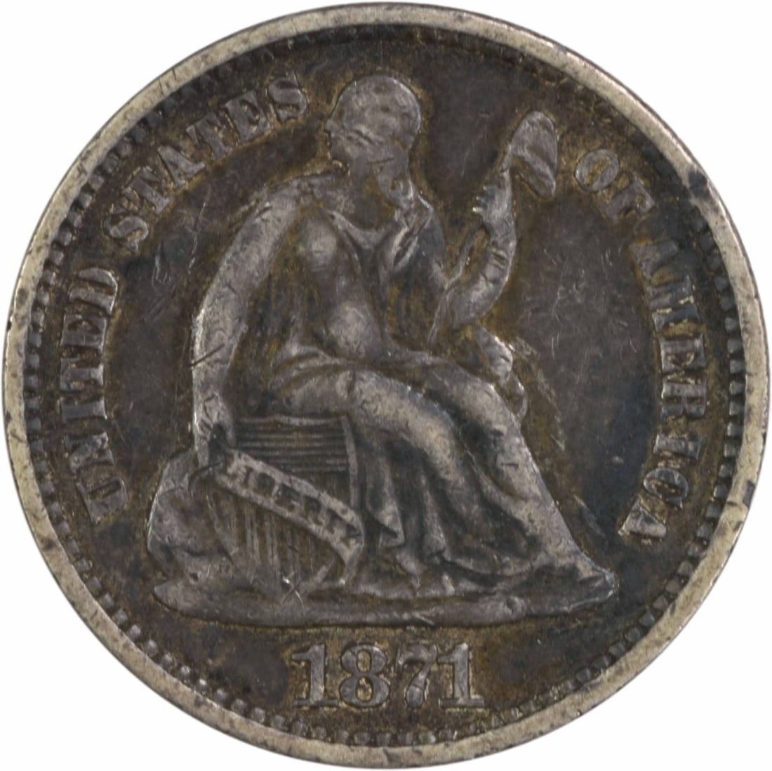 1871 Liberty Seated Half Dime 90% Silver Uncertified Coin: 1871 Liberty Seated Half Dime 90% Silver Uncertified Coin This 1871 Liberty Seated Silver Half Dime is a remarkable piece of numismatic history, minted in Philadelphia. It features a design by Christi