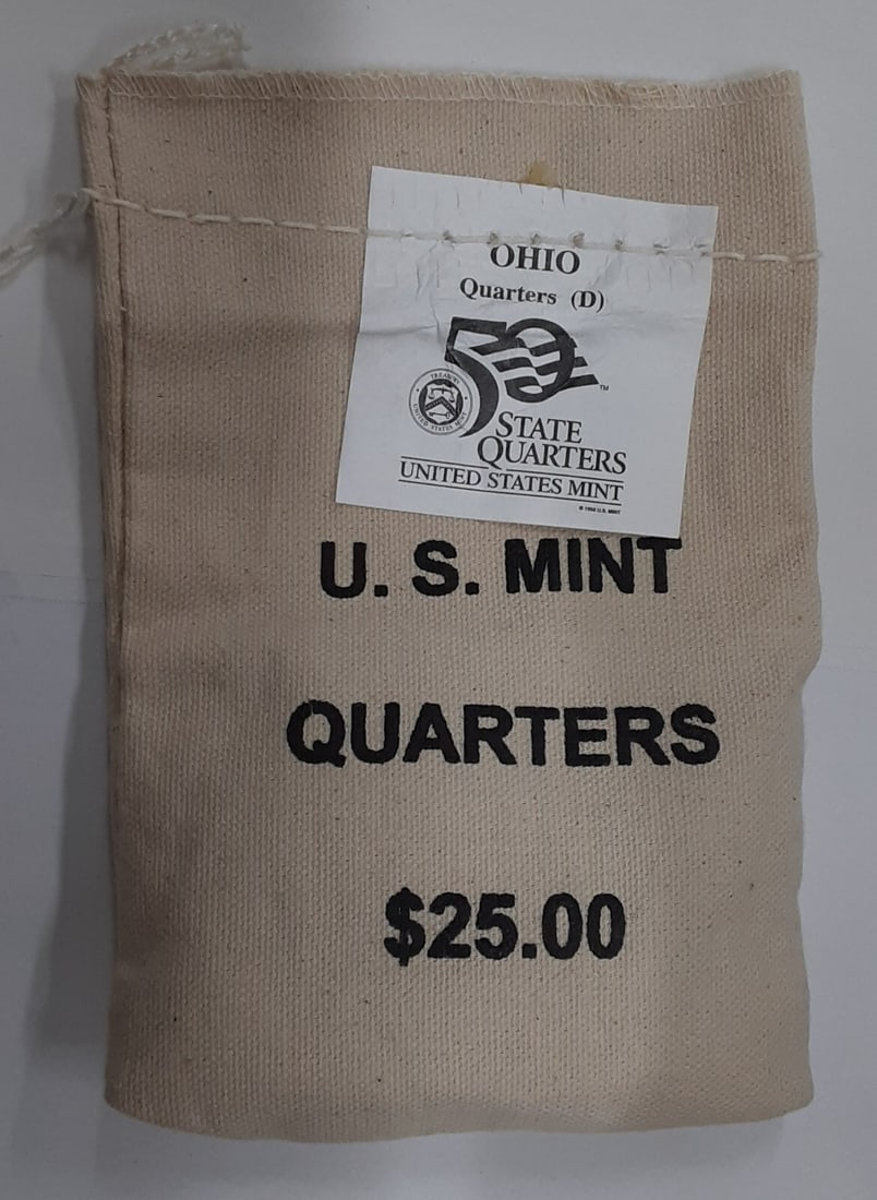 Bag of 100 Uncirculated 2002-D Ohio State Quarters in Original Mint Packaging: Bag of 100 Uncirculated 2002-D Ohio State Quarters in Original Mint Packaging This is an uncirculated bag of 2002-D Ohio Statehood Quarters from the United States Mint. The original sewn bag contains 