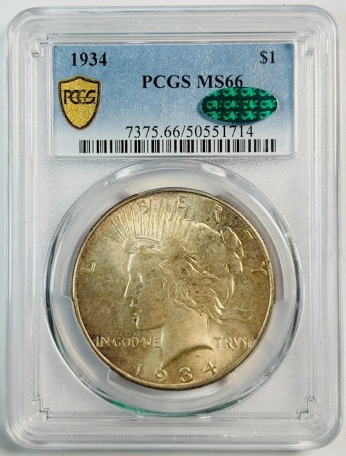 PCGS and CAC Graded 1934 Philadelphia Peace Silver Dollar MS66: PCGS and CAC Graded 1934 Philadelphia Peace Silver Dollar MS66 This 1934 Peace Dollar is certified by PCGS and CAC with a grade of MS 66. Minted in Philadelphia, this silver dollar is uncirculated and