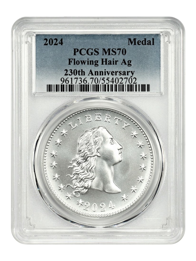 2024 Flowing Hair Silver Medal PCGS MS70 Commemorative 230th Anniversary: 2024 Flowing Hair Silver Medal PCGS MS70 Commemorative 230th Anniversary Celebrate the 230th Anniversary with this stunning 2024 Flowing Hair Silver Medal, graded MS70 by PCGS. This uncirculated piece