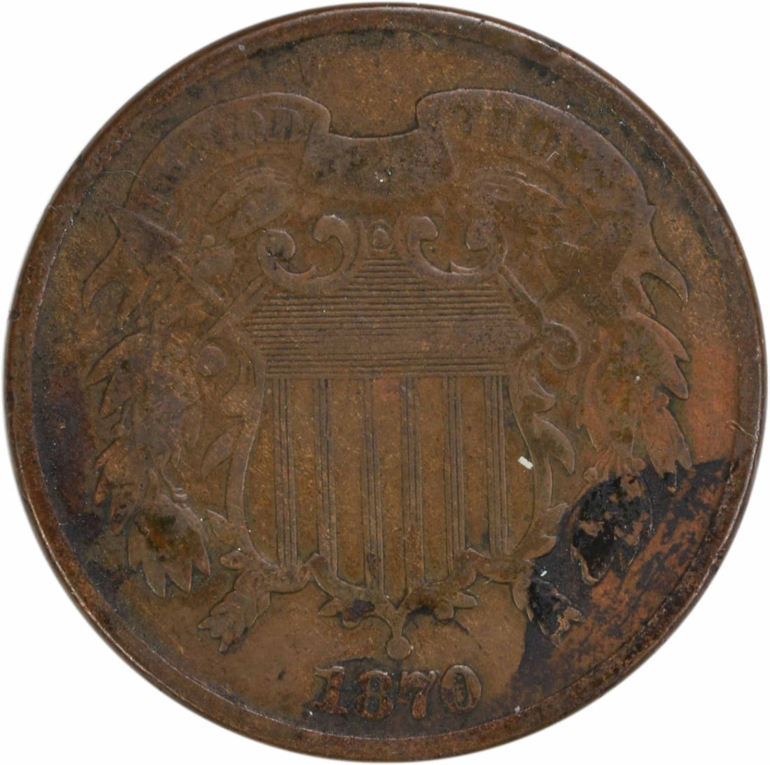 1870 Two Cent Piece Bronze Coin by Longacre: 1870 Two Cent Piece Bronze Coin by Longacre This historical 1870 Two Cent Piece showcases a design by James Barton Longacre, crafted from bronze and featuring a plain edge. It has circulated but retai