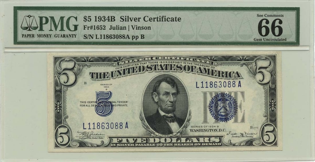 1934B $5 Silver Certificate Fr# 1652 PMG Gem 66EPQ Uncirculated: 1934B $5 Silver Certificate Fr# 1652 PMG Gem 66EPQ Uncirculated This 1934B $5 Silver Certificate is a rare find, graded PMG Gem 66EPQ, showcasing its exceptional quality and preservation. It features 
