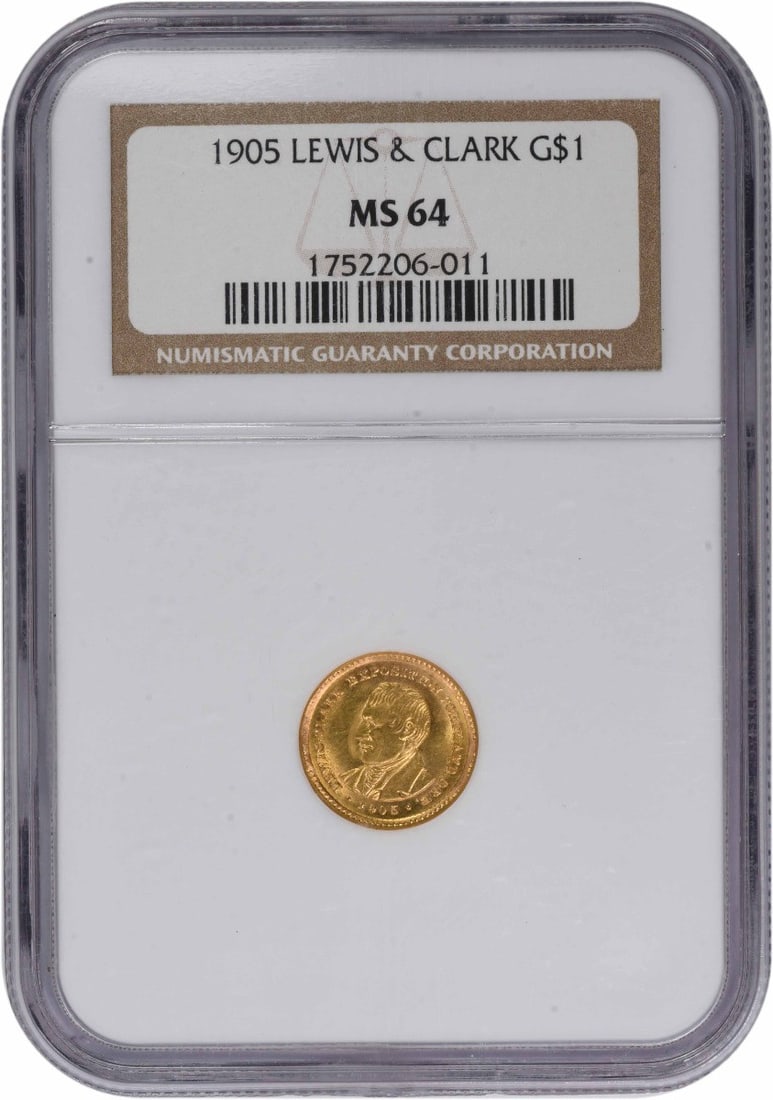 1905 United States Lewis and Clark Gold Dollar MS64 NGC Commemorative Coin: 1905 United States Lewis and Clark Gold Dollar MS64 NGC Commemorative Coin This 1905 Lewis & Clark commemorative $1 gold coin is graded MS64 by NGC. Struck at the Philadelphia Mint with no mint mark, 