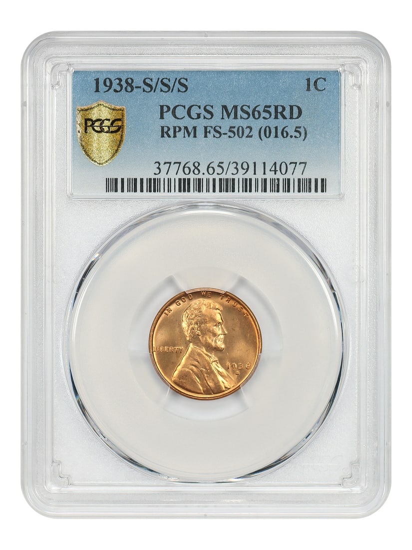 PCGS MS65RD Lincoln Wheat Cent 1938-S RPM FS-502: PCGS MS65RD Lincoln Wheat Cent 1938-S RPM FS-502 This 1938-S/S/S Lincoln Cent features the Wheat Reverse and is graded MS65RD by PCGS. The coin is uncirculated and exhibits multiple repunched mintmark