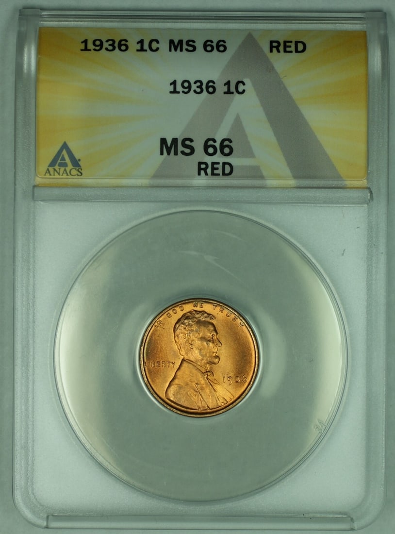 1936 Lincoln Wheat Small Cent ANACS MS 66 Red Certified Coin: 1936 Lincoln Wheat Small Cent ANACS MS 66 Red Certified Coin This is a 1936 Lincoln Wheat Cent 1C coin from the United States, graded MS 66 RD by ANACS. The coin is uncirculated and features the disti