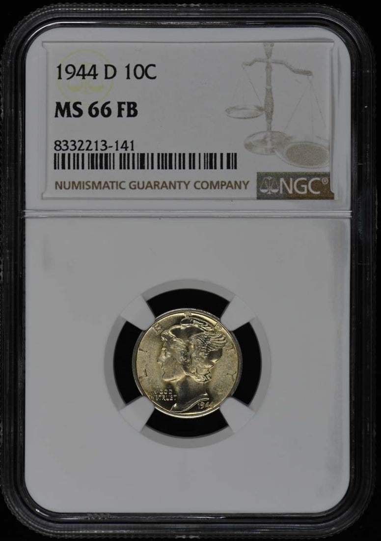 1944-D Mercury Dime 10C NGC MS66FB Uncirculated Coin: 1944-D Mercury Dime 10C NGC MS66FB Uncirculated Coin This 1944-D Mercury Dime is certified by NGC with a high grade of MS66FB, indicating its exceptional quality and striking features. Struck in Denve
