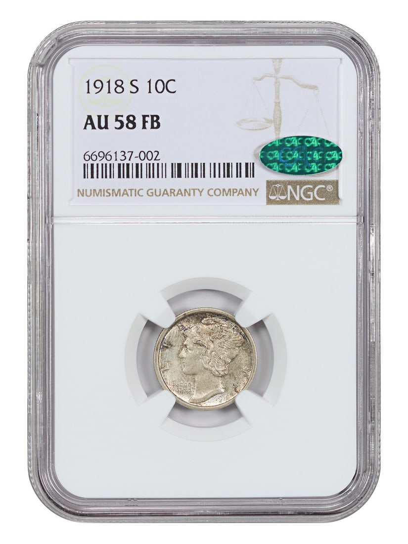 1918-S Mercury Dime NGC AU58FB CAC Certified San Francisco: 1918-S Mercury Dime NGC AU58FB CAC Certified San Francisco This 1918-S Mercury Dime is certified by NGC with a CAC sticker and graded AU58FB. Struck in San Francisco, it features sharply detailed and 