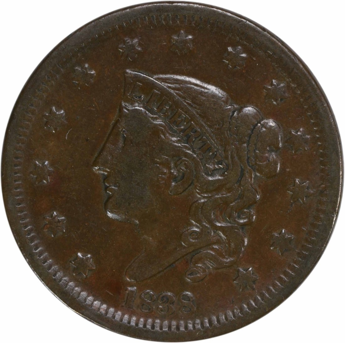 1838 Philadelphia Large Cent Coronet Head VF Uncertified: 1838 Philadelphia Large Cent Coronet Head VF Uncertified This 1838 Large Cent features a vintage design known as the Coronet Head, crafted from copper and minted in Philadelphia. It has been graded as