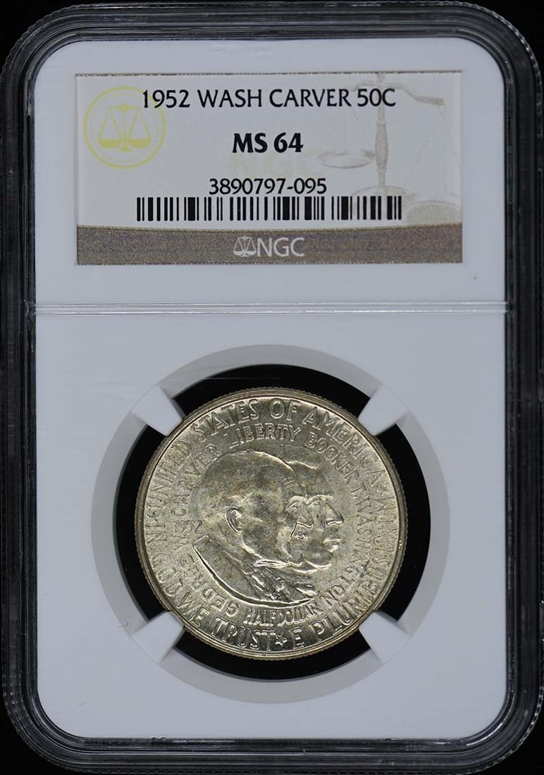 1952 Washington Carver Silver Half Dollar NGC MS64 Philadelphia Commemorative: 1952 Washington Carver Silver Half Dollar NGC MS64 Philadelphia Commemorative This is a 1952 Washington-Carver Silver Commemorative Half Dollar, graded MS64 by NGC. The coin is uncirculated and was mi
